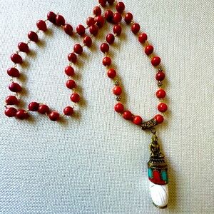 HANDMADE Long red coral bead necklace with Buddha pendant